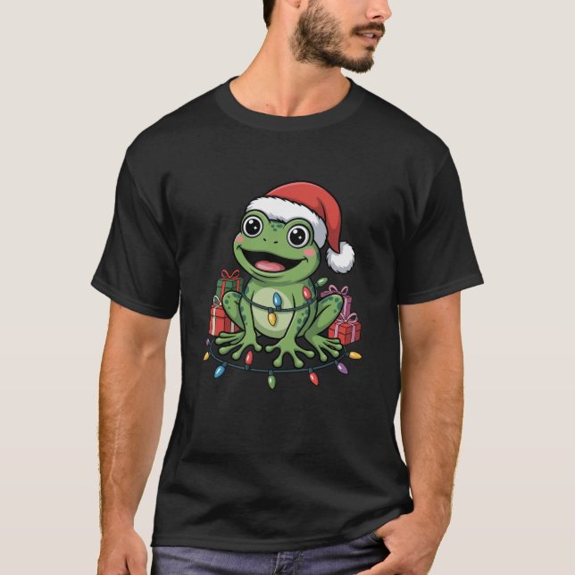Funny Frog Santa Hat Animals Lovers Ugly Christmas T-Shirt (Front)