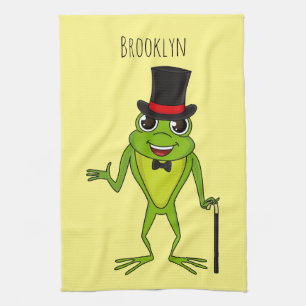Funny frog with top hat cartoon tea towel