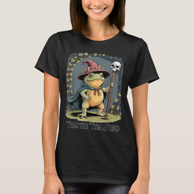 Funny Frog Wizard twas The tism M'lord Fantasy Art T-Shirt (Front)
