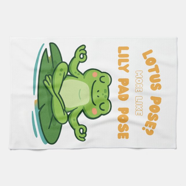 Funny Frog Yoga Cartoon Lotus Lily Pad Pose Design Tea Towel (Horizontal)
