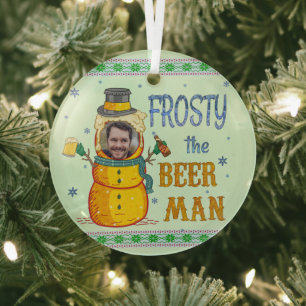 Funny Frosty Beer Man Humor Custom Photo Christmas Glass Tree Decoration