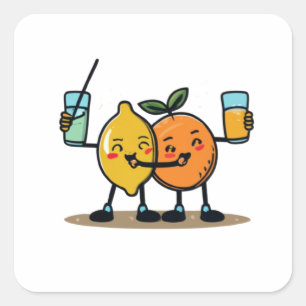 Funny Fruits Orange And Lemon Drinking Juice Toget Square Sticker