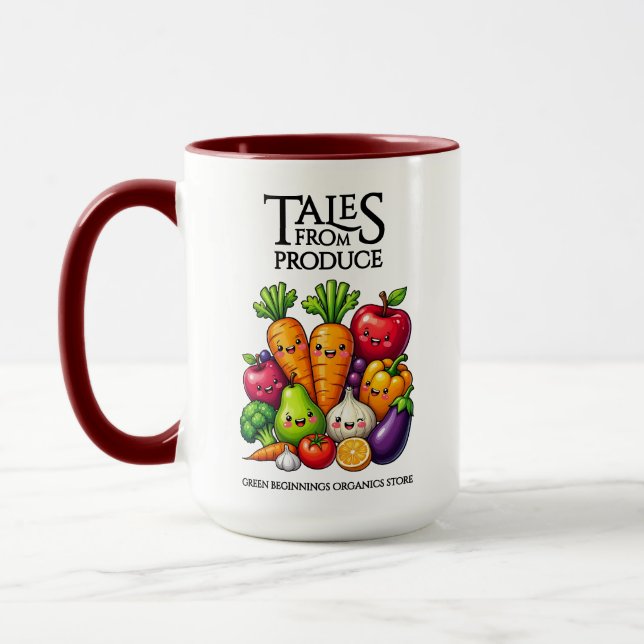 Funny Fruits Veggies Tales from Produce Grocery Mug (Left)