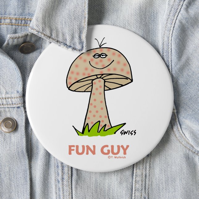 Funny Fun Guy Mushroom Cartoon Button For A Man (In Situ)
