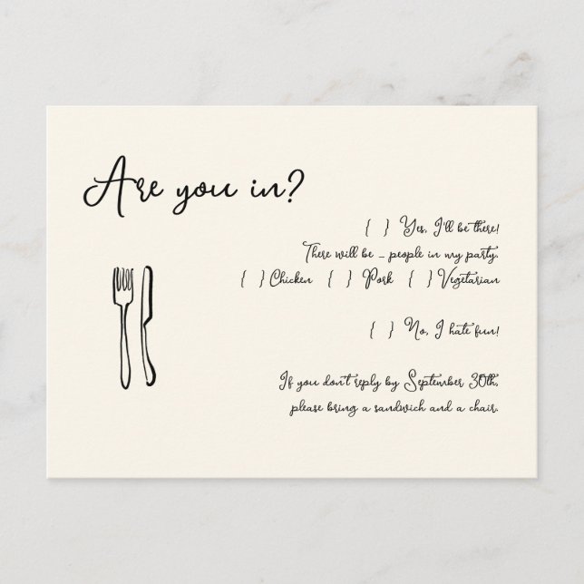 Funny & Fun Script Wedding RSVP Postcard (Front)