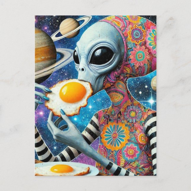Funny Funky Alien Eating Fried Eggs Postcard (Front)