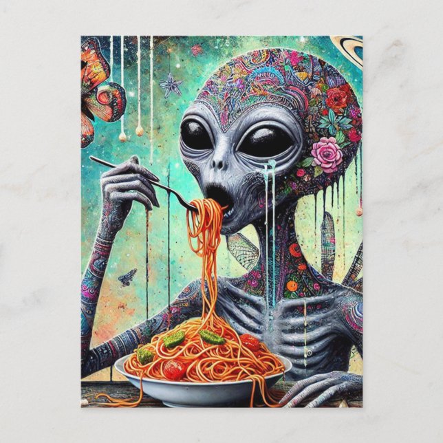 Funny Funky Alien Eating Spaghetti Collage Postcard (Front)