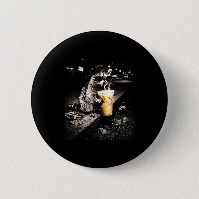 Funny Funny Racoon Drinking Iced Coffee 6 Cm Round Badge (Front)