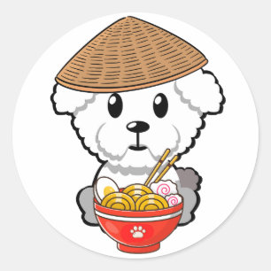 Funny furry dog is eating noodles classic round sticker