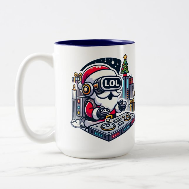 Funny Futuristic Santa with VR Goggles LOL Two-Tone Coffee Mug (Left)
