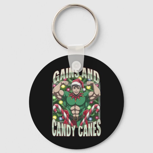 Funny Gains And Candy Canes Christmas Elf Gym Work Key Ring (Front)