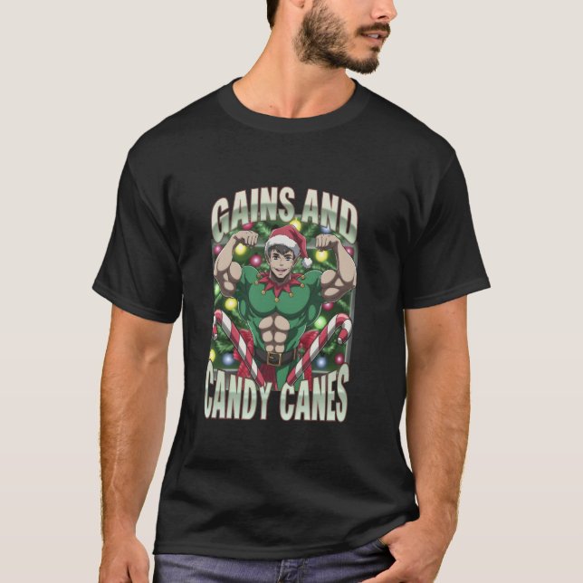 Funny Gains and Candy Canes Christmas Elf Gym Work T-Shirt (Front)