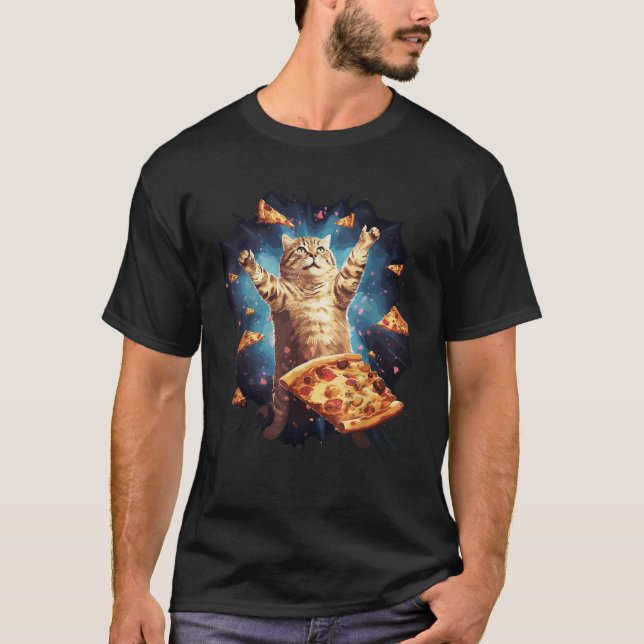 Funny Galaxy Cat Space Cat Eats Pizza  T-Shirt (Front)