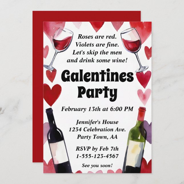 Funny Galentine Wine Hearts Girls Night Invitation (Front/Back)