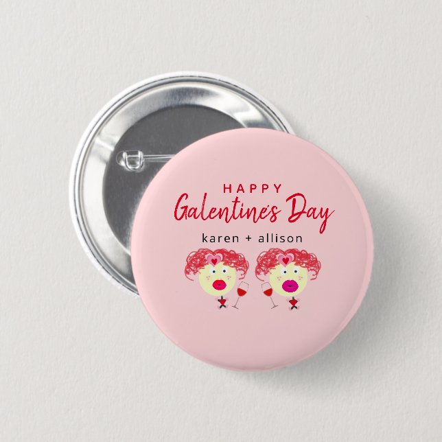 Funny Galentines Day Best Friends Blush Pink Name 6 Cm Round Badge (Front & Back)