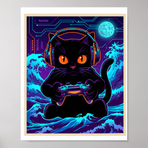 Funny Gamer Cat Neon Cyber Gaming Night Retro Art Poster