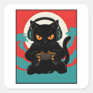 Funny Gamer Cat Retro Controller Headphones Night Square Sticker