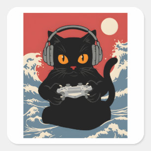 Funny Gamer Cat Retro Controller Headphones Night Square Sticker