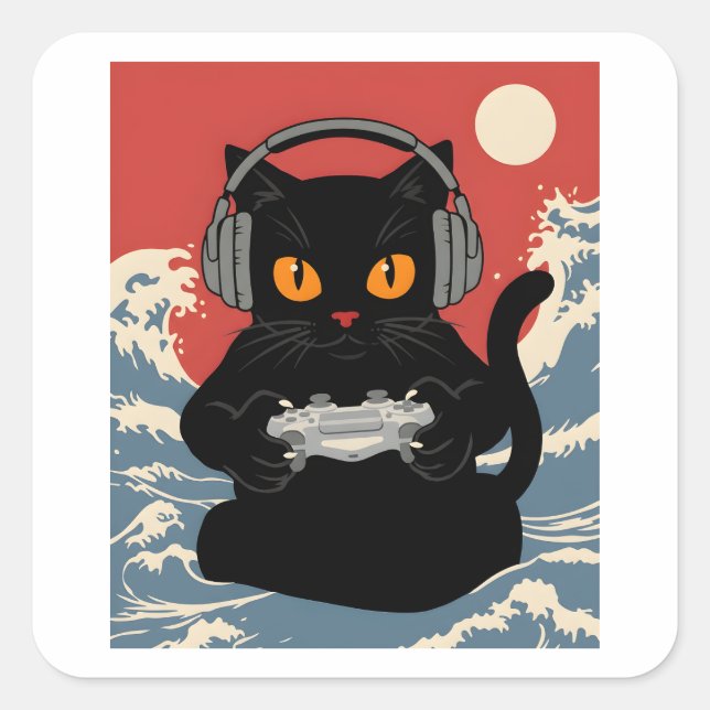 Funny Gamer Cat Retro Controller Headphones Night Square Sticker (Front)