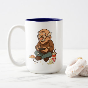 Funny Gamer Grandpa Pizza & Popcorn Cartoon Two-Tone Coffee Mug