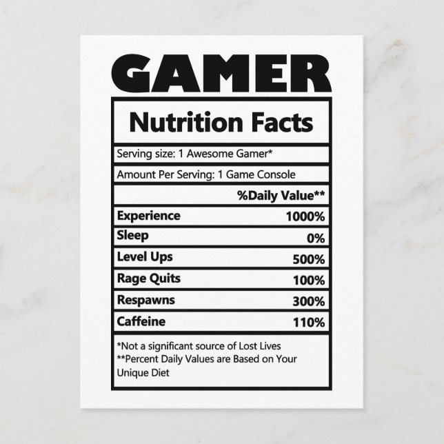 Funny Gamer Nutrition Facts Postcard (Front)