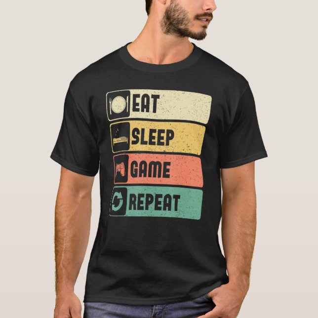 Funny Gamer Quote Eat Sleep Game Repeat, Cool Vint T-Shirt (Front)