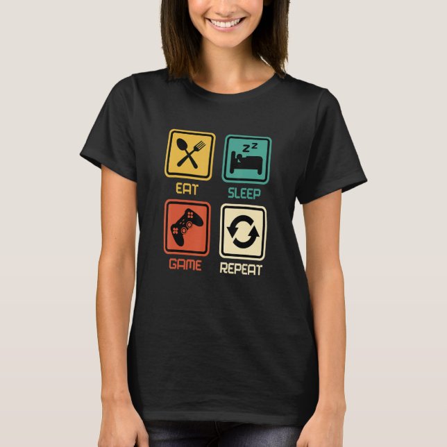 Funny Gamer Quote Eat Sleep Game Repeat, Cool Vint T-Shirt (Front)