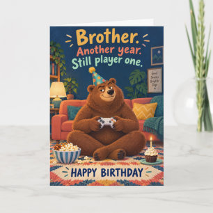 Funny Gaming Bear Player One Brother Birthday Card