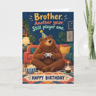 Funny Gaming Bear Player One Brother Birthday Card