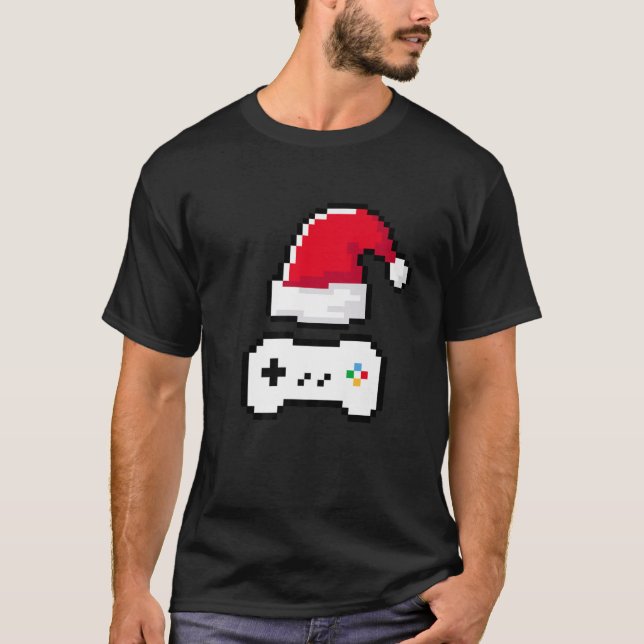 Funny Gaming Christmas Pixel Art Santa Hat And Vid T-Shirt (Front)