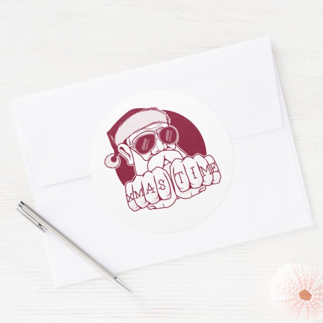 Funny Gangsta Santa Christmas Time Knuckle Tattoo Classic Round Sticker (Envelope)