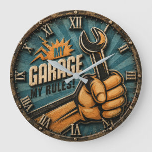 Funny Garage Rules Vintage Mechanic Workshop Large Clock