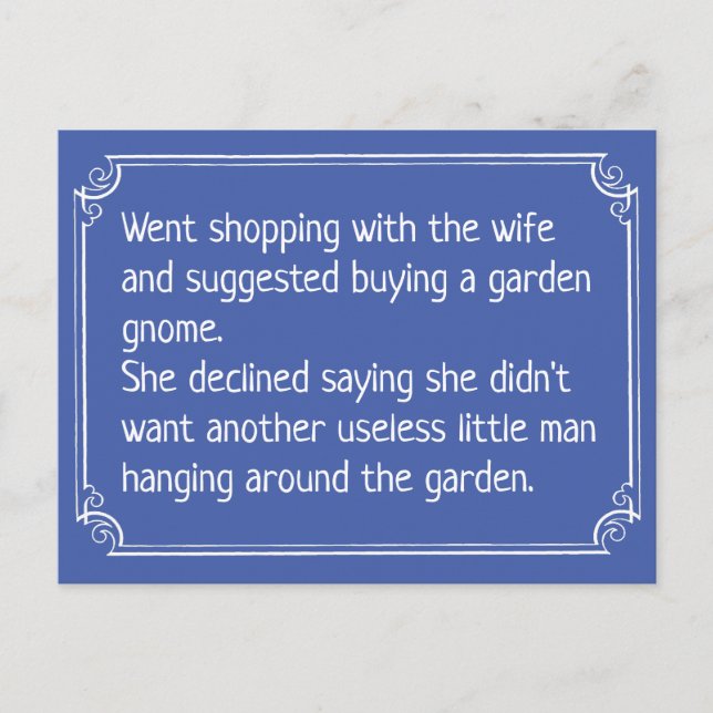 Funny Gardening Joke. Garden Gnome Postcard (Front)