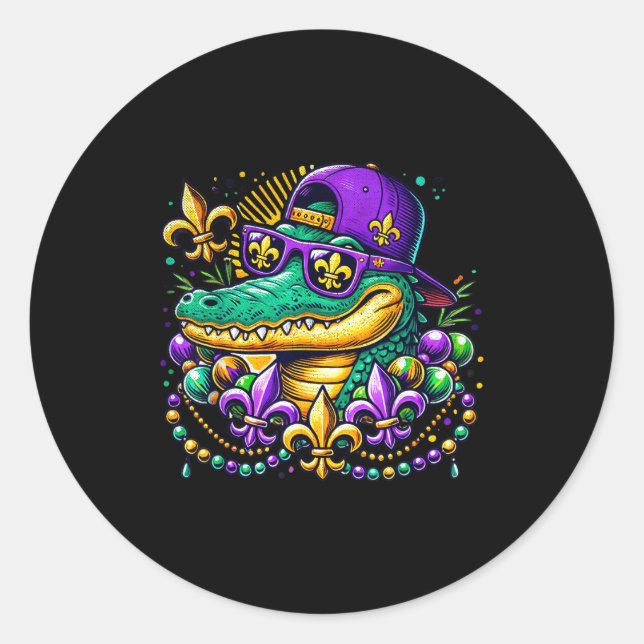Funny Gator Mardi Gras  Classic Round Sticker (Front)