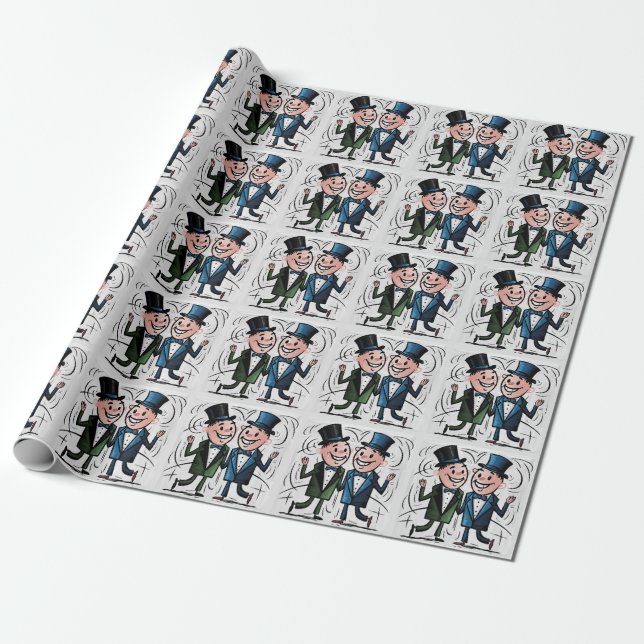 Funny Gay Wedding Groom and Groom Stick Figures Wrapping Paper (Unrolled)