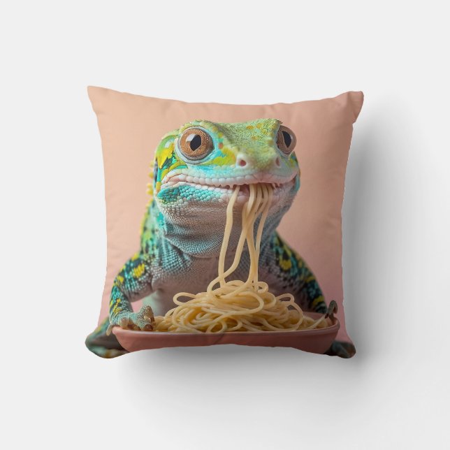 Funny Gecko Eating Spaghetti  Cushion (Front)