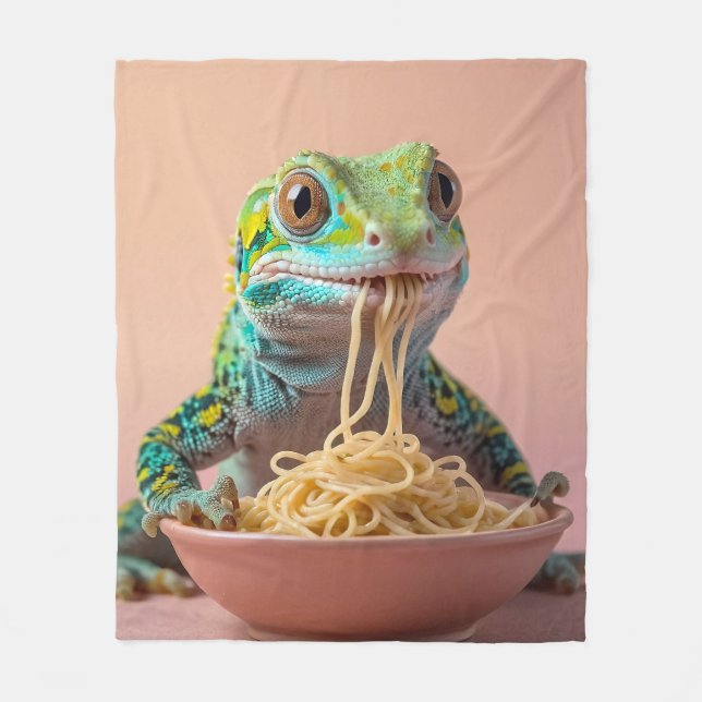 Funny Gecko Eating Spaghetti  Fleece Blanket (Front)