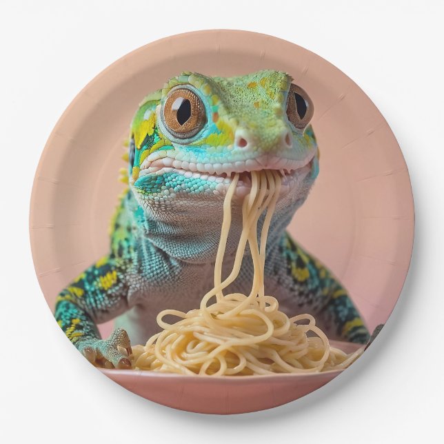 Funny Gecko Eating Spaghetti  Paper Plate (Front)