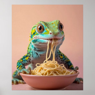 Funny Gecko Eating Spaghetti Poster