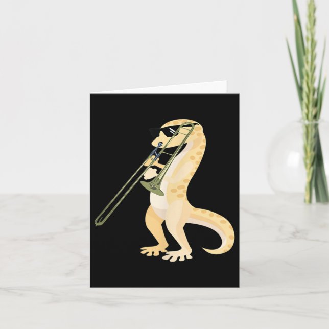 Funny Gecko Wearing Sungles Playing Trombone Lizar Card (Front)