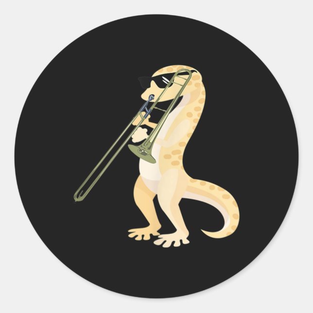 Funny Gecko Wearing Sungles Playing Trombone Lizar Classic Round Sticker (Front)