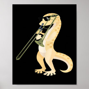 Funny Gecko Wearing Sungles Playing Trombone Lizar Poster