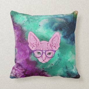 Funny Geeky Cat on Watercolor Backgroun Cushion