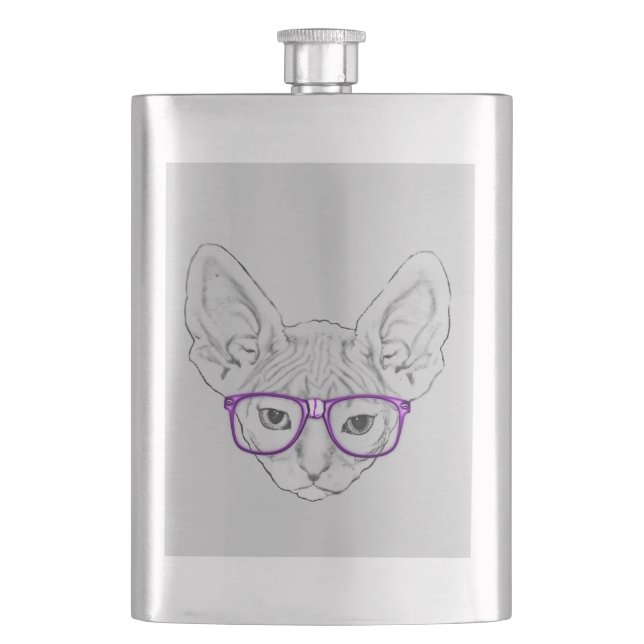 Funny Geeky Nerdy Sphynx with Taped Glasses Hip Flask (Front)