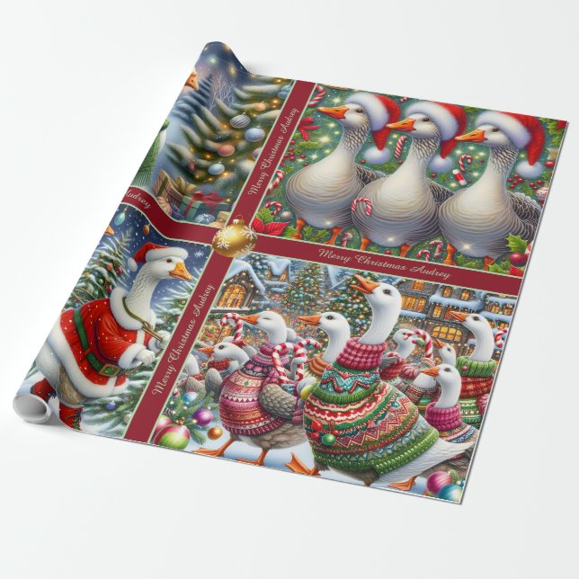 Funny Geese Christmas Wrapping Paper (Unrolled)