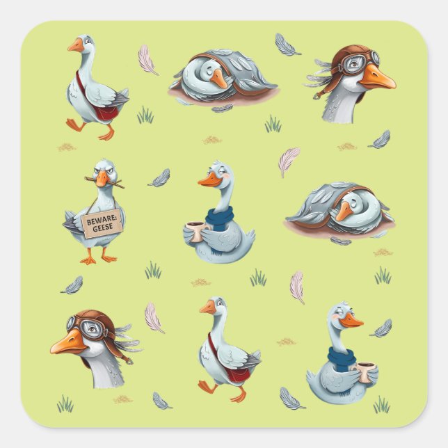 Funny Geese Pattern – Whimsical Goose Print Square Sticker (Front)