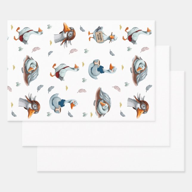 Funny Geese Pattern – Whimsical Goose Print Wrapping Paper Sheet (Set)