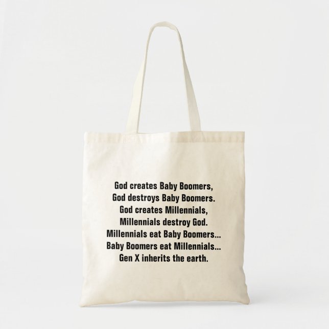 Funny Generation X Baby Boomer Millennial Joke Tote Bag (Front)
