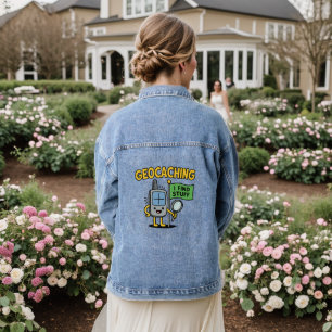 Funny Geocaching GPS Cartoon with Flag & Magnifier Denim Jacket
