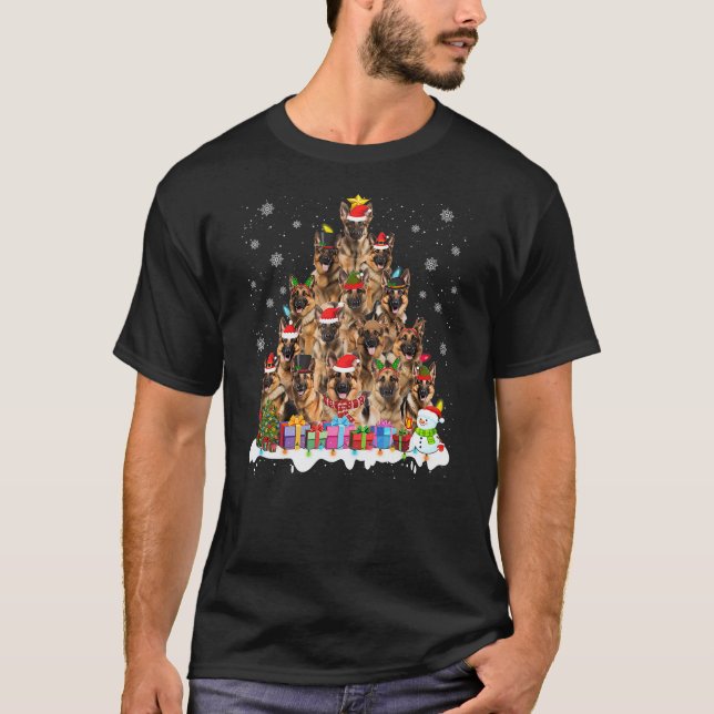 Funny German Shepherd Christmas Lights Tree Dog Lo T-Shirt (Front)